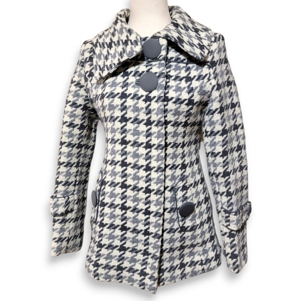 Soia & Kyo Women's Houndstooth Checkered Margo Wool Coat Ivory Grey Black, Small